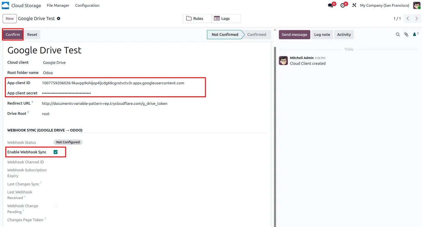 Odoo Google Drive cloud client with client ID, secret, redirect URL, Drive root and the Enable Webhook Sync option