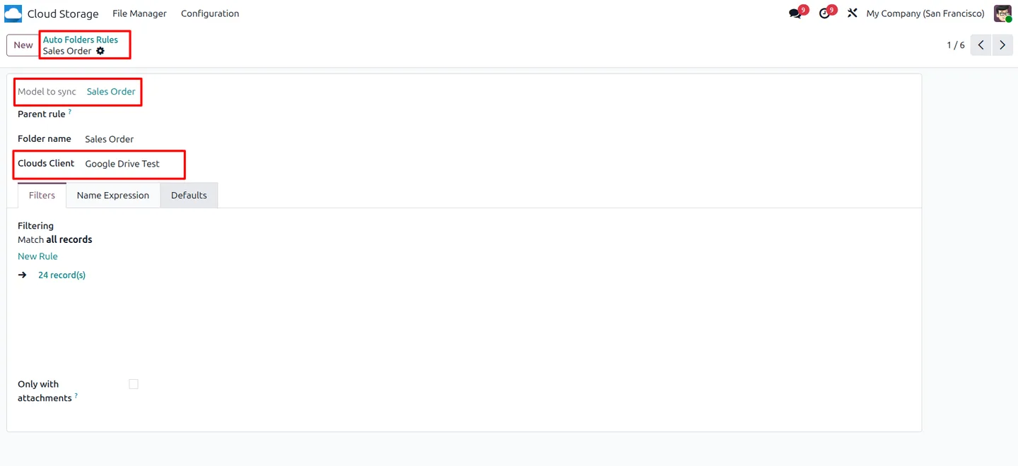 Sale Order folder rule in Odoo defining the folder name and target Google Drive client
