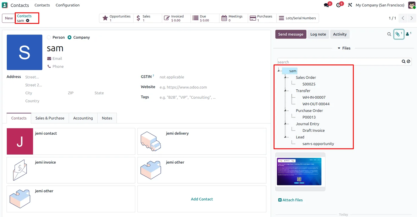 Contact record in Odoo with a Files panel showing folders for its sales orders, transfers, purchase orders, journal entries and leads