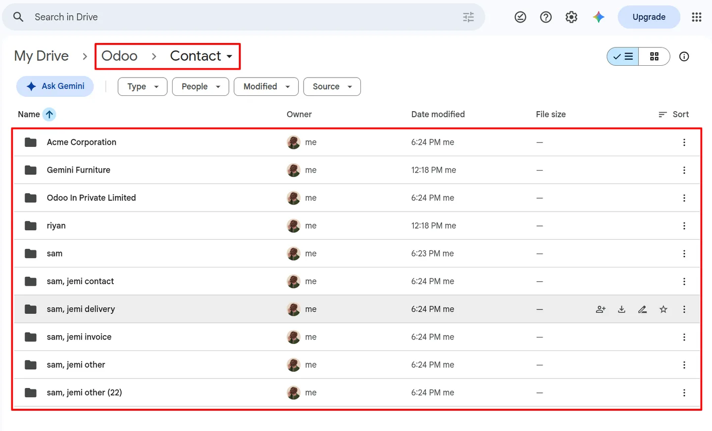 Google Drive showing the Odoo › Contact folder with one folder per customer, created from Odoo