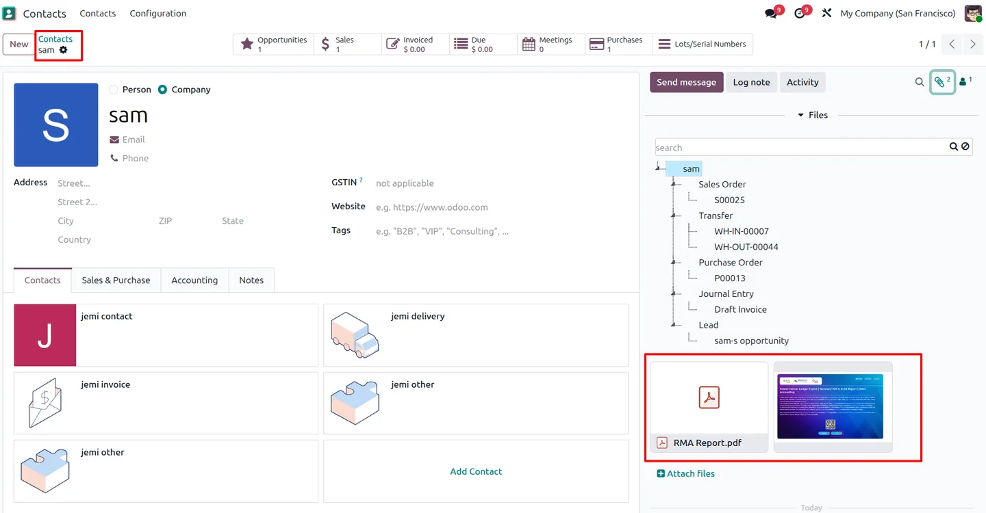 A file added in Google Drive appearing in the contact's Files panel in Odoo after reverse sync