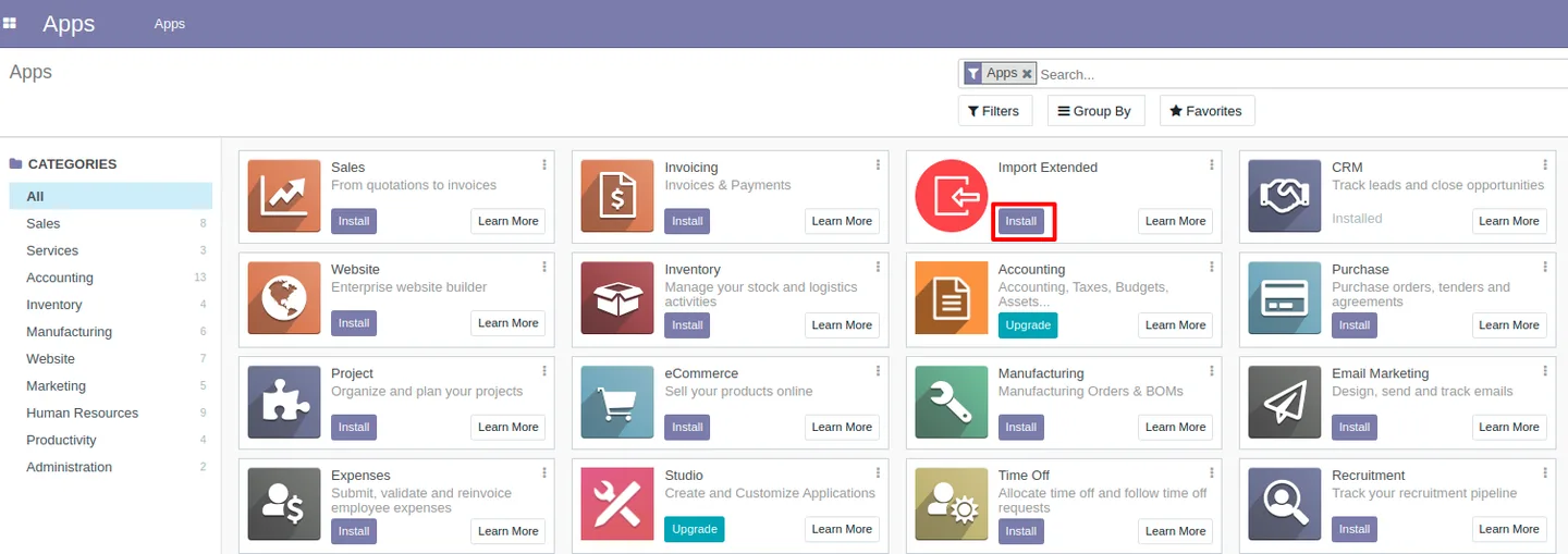 Access to import features security group enabled on an Odoo user record
