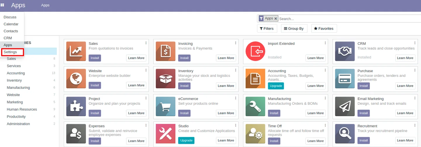 Odoo user without the import group sees no Import menu on list views