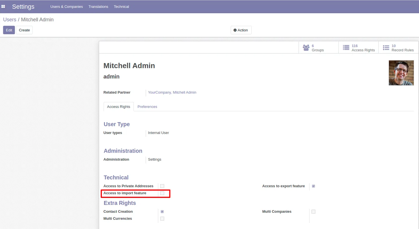 Odoo Favorites menu hiding the Import option for restricted users