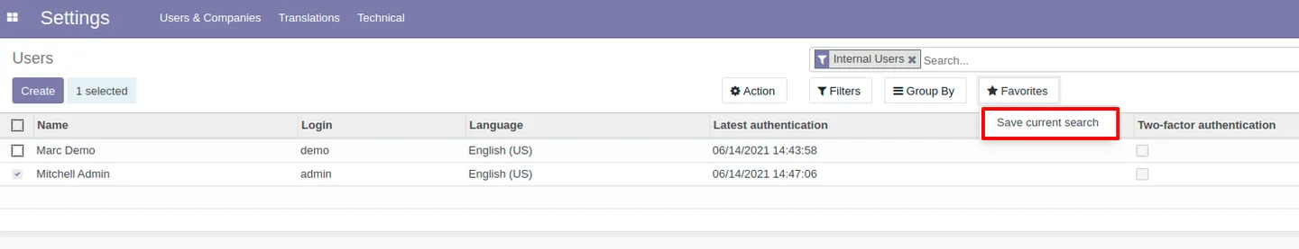 Odoo Groups menu without the Import action for users outside the group