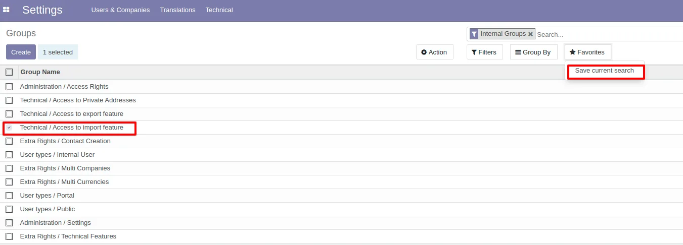 Odoo Import-report menu hidden for users without the access group