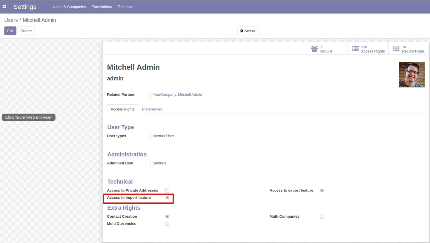 Trusted Odoo user with the import group running the standard import wizard