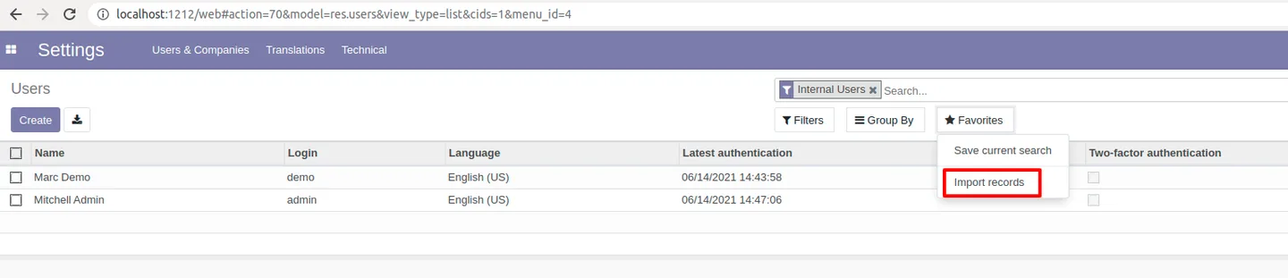 Import menu visible in Odoo Favorites for users with the access group