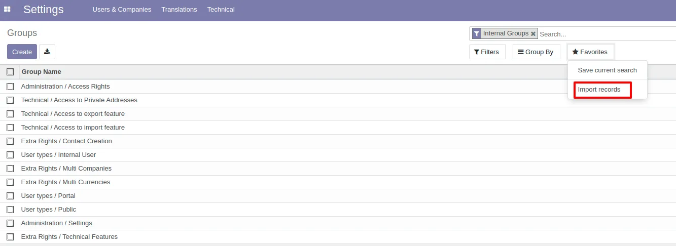 Import-report menu visible for users with the access group enabled in Odoo