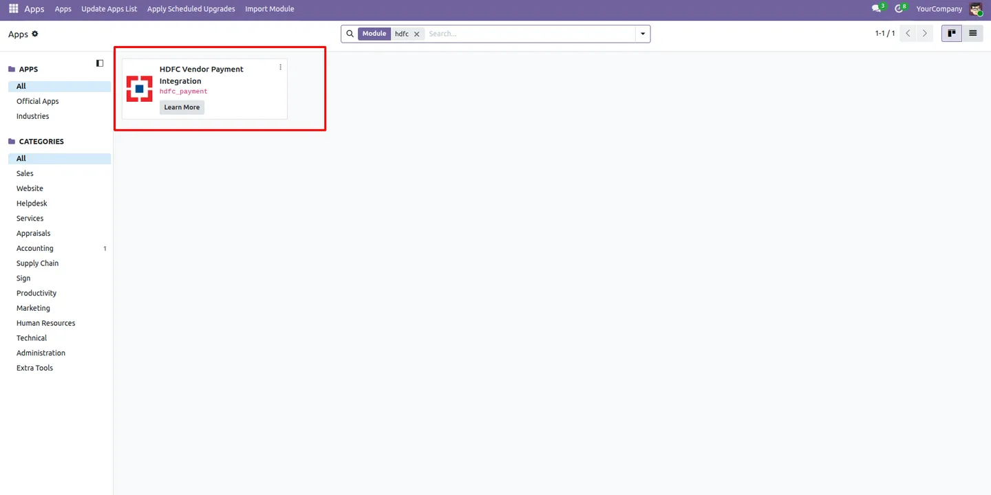 HDFC Vendor Payment Integration configuration panel in Odoo