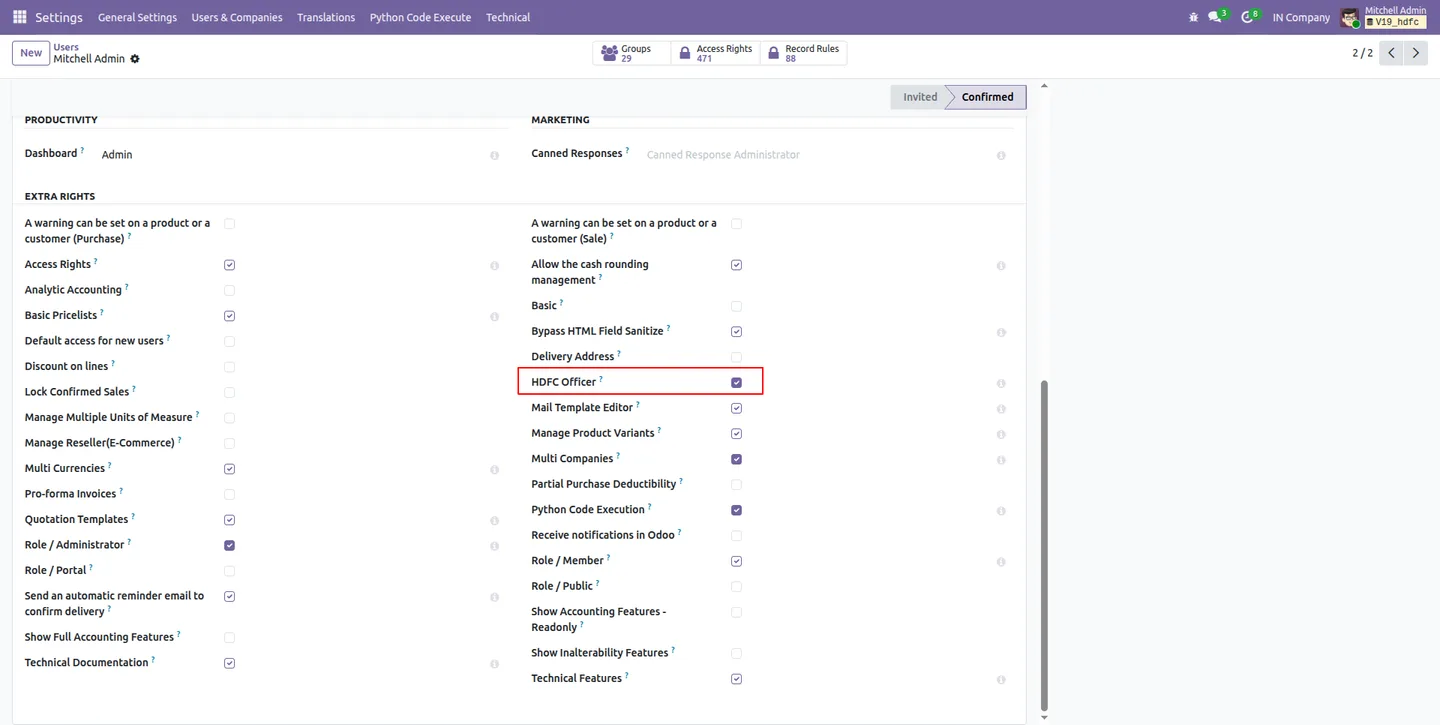 HDFC account settings with API credentials in Odoo