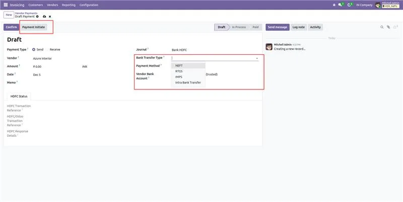 HDFC vendor payment workflow summary for Odoo