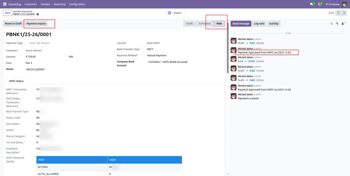 HDFC payment enquiry retrieving transaction status in Odoo