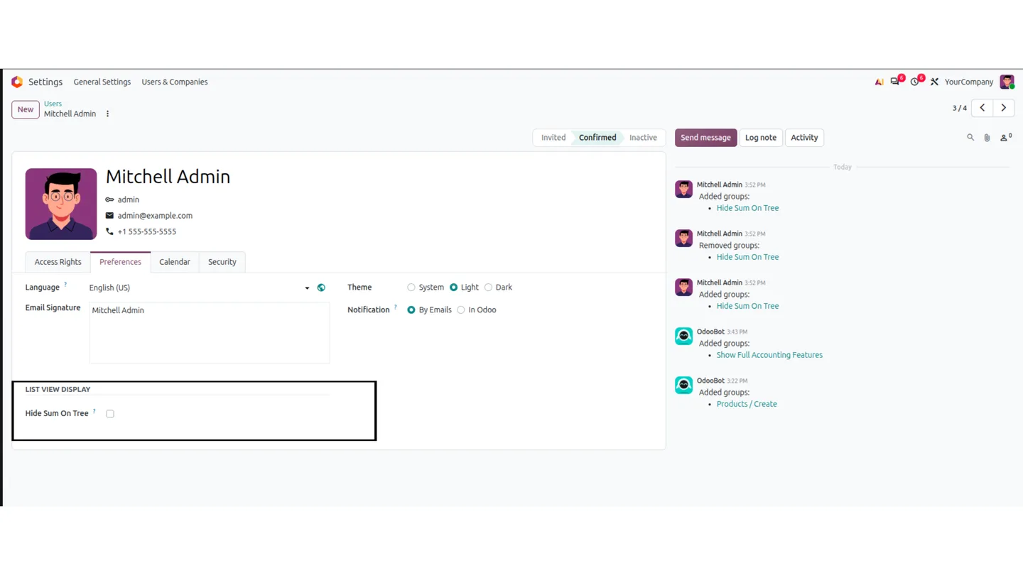 Odoo user profile Preferences tab with the Hide Sum On Tree option under List View Display