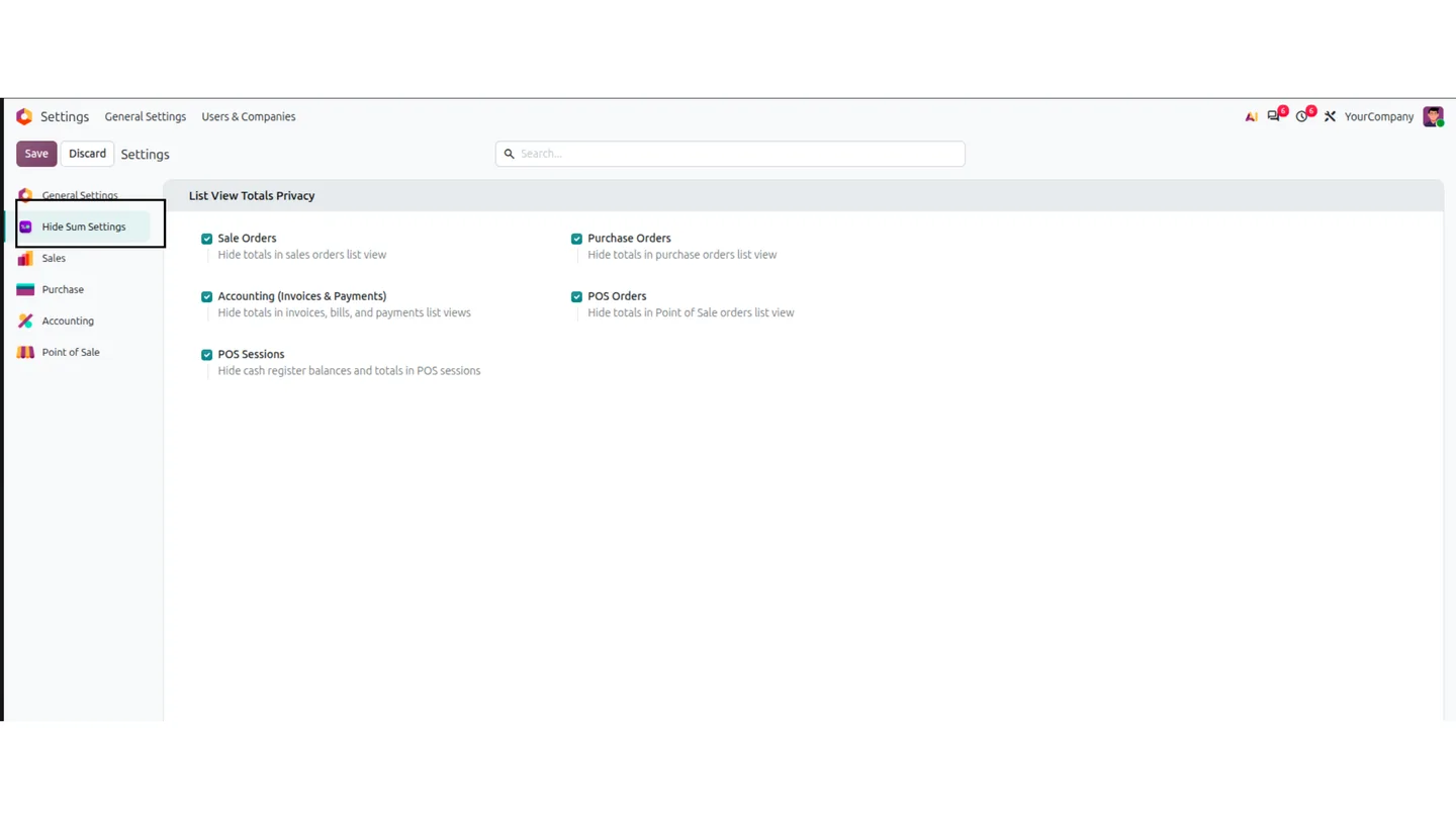 List View Totals Privacy settings with checkboxes for Sale Orders, Purchase Orders, Accounting, POS Orders and POS Sessions
