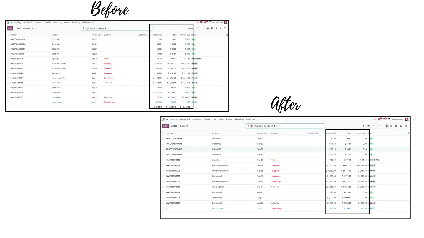 Customer invoices list view before and after, with the amount totals hidden