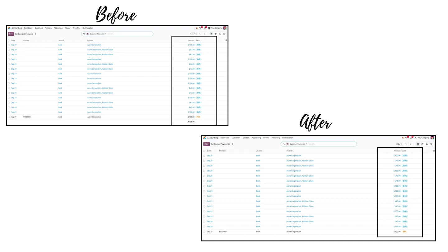 Customer payments list view before and after, with the payment sum hidden