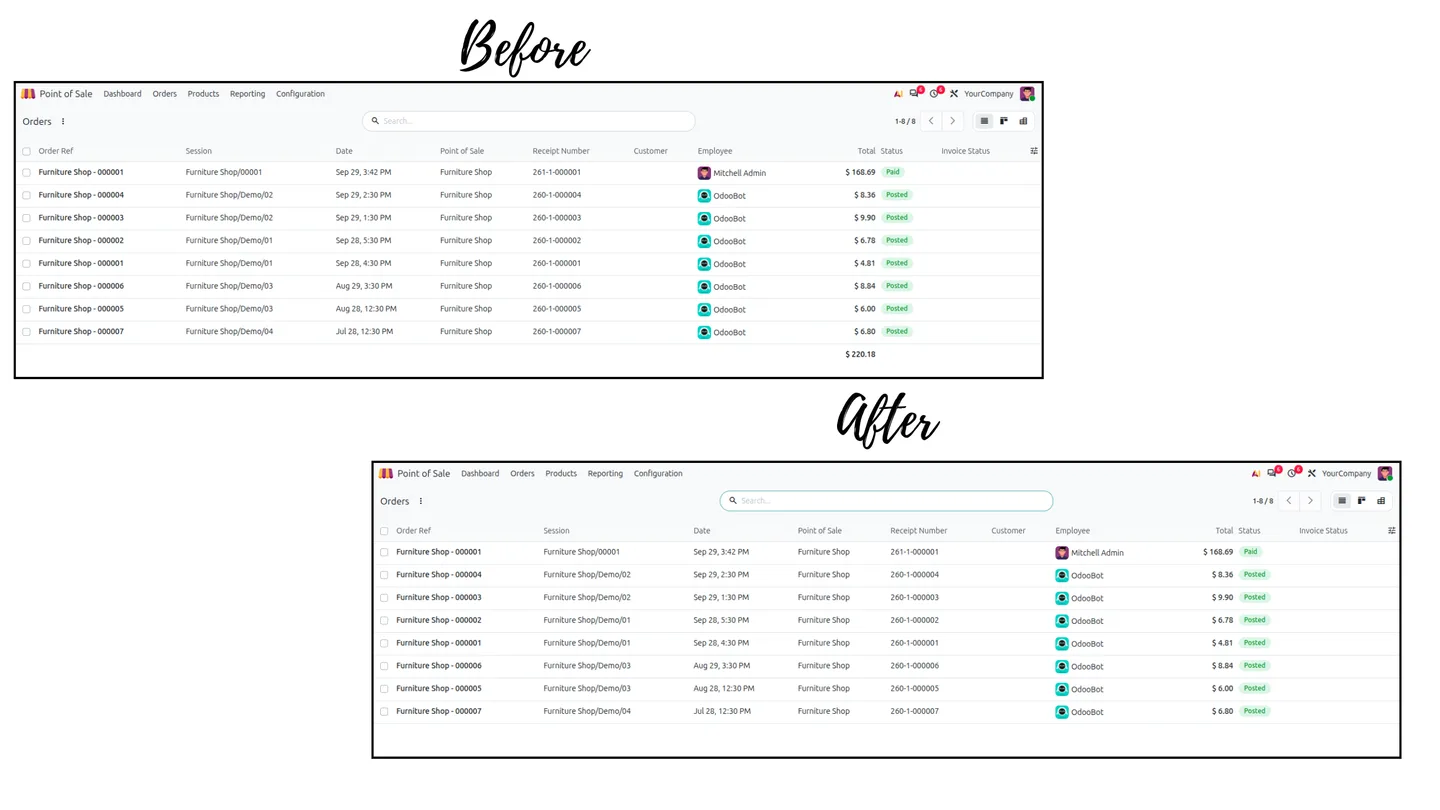 Point of Sale orders list view before and after, with the order total hidden