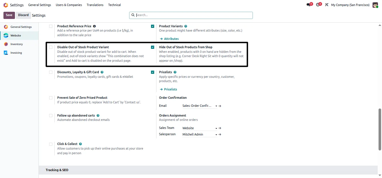 Website setting to disable out-of-stock product variants in Odoo