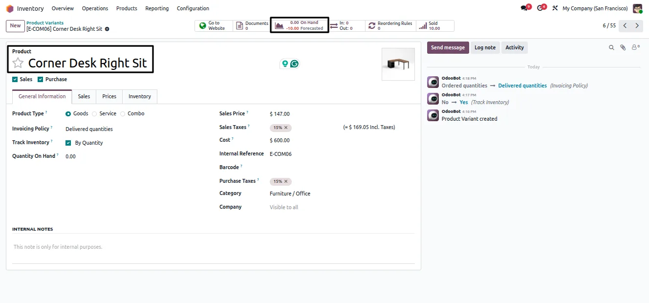 Odoo product variants with stock quantities used by the module
