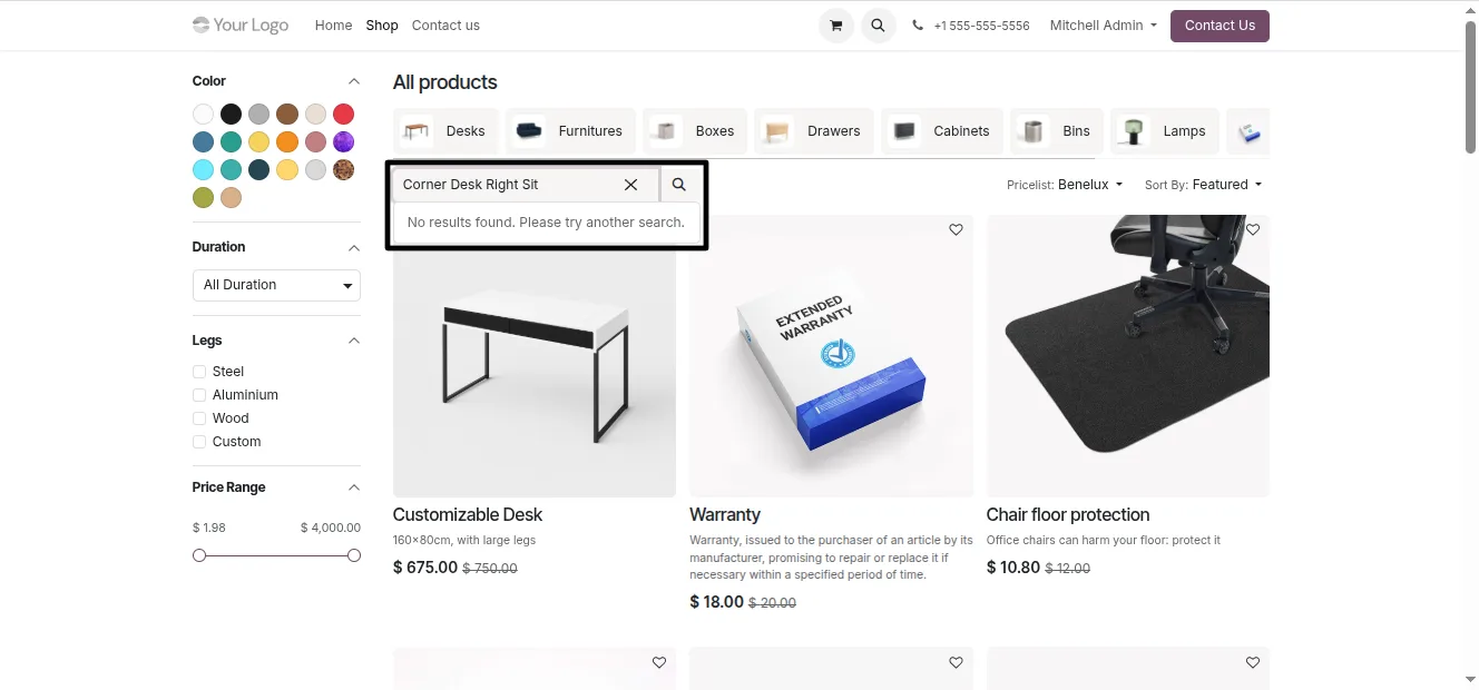 An out-of-stock variant disabled on the Odoo website product page