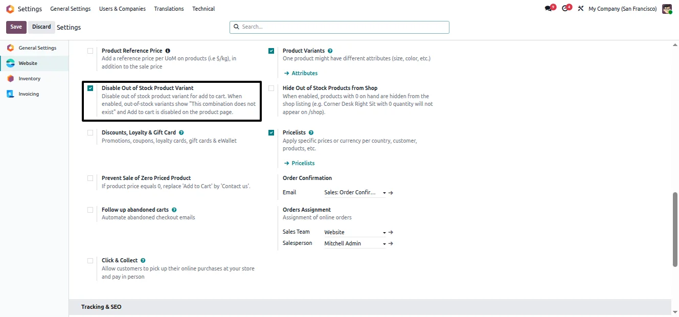 In-stock variants remaining selectable on the Odoo storefront