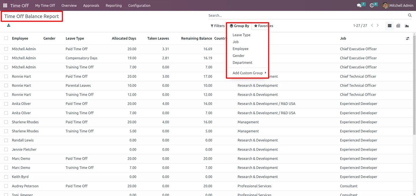 Exporting the Time Off Balance Report to Excel from Odoo 17