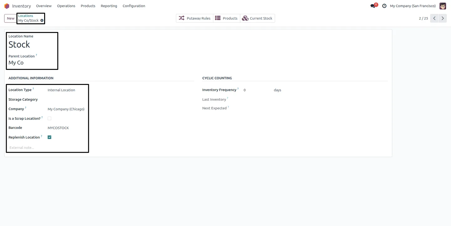 Warehouses linked to their companies in Odoo Inventory configuration