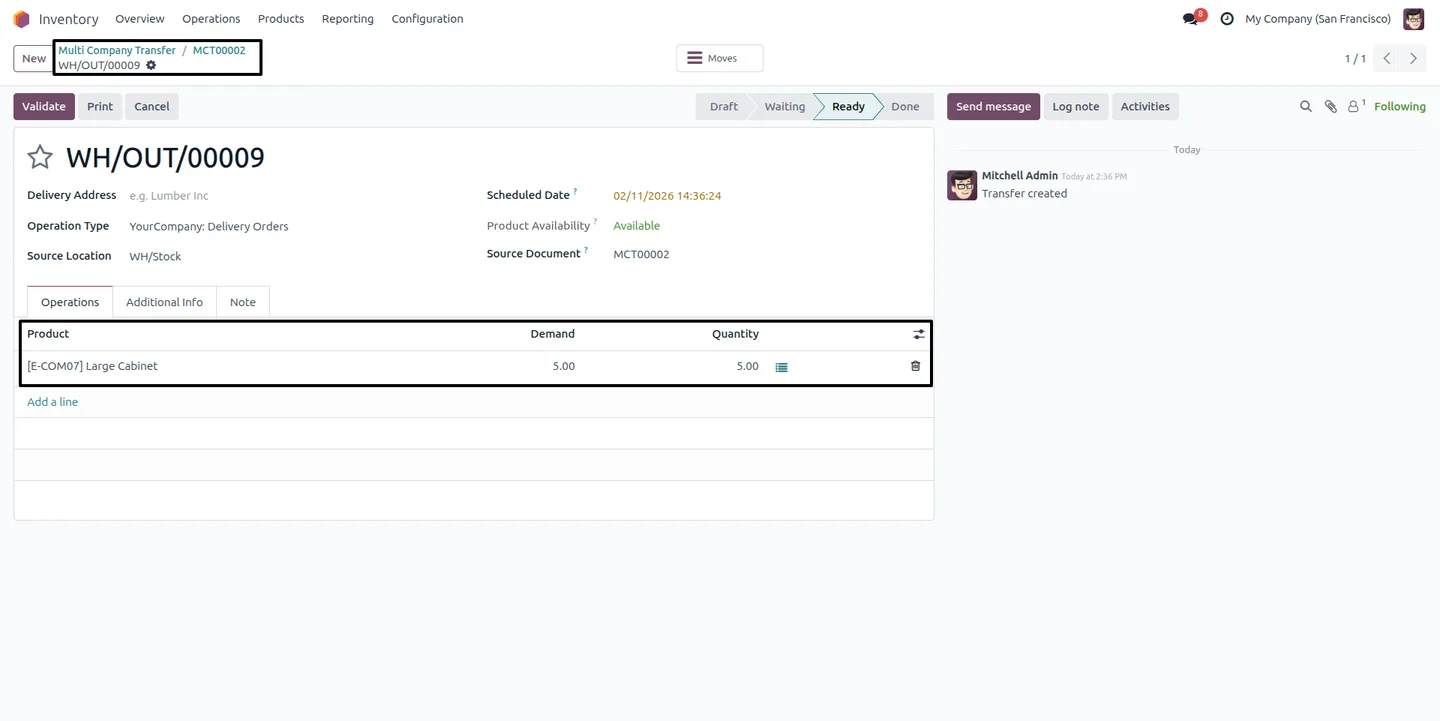 Auto-generated outgoing and incoming delivery orders for a stock transfer in Odoo
