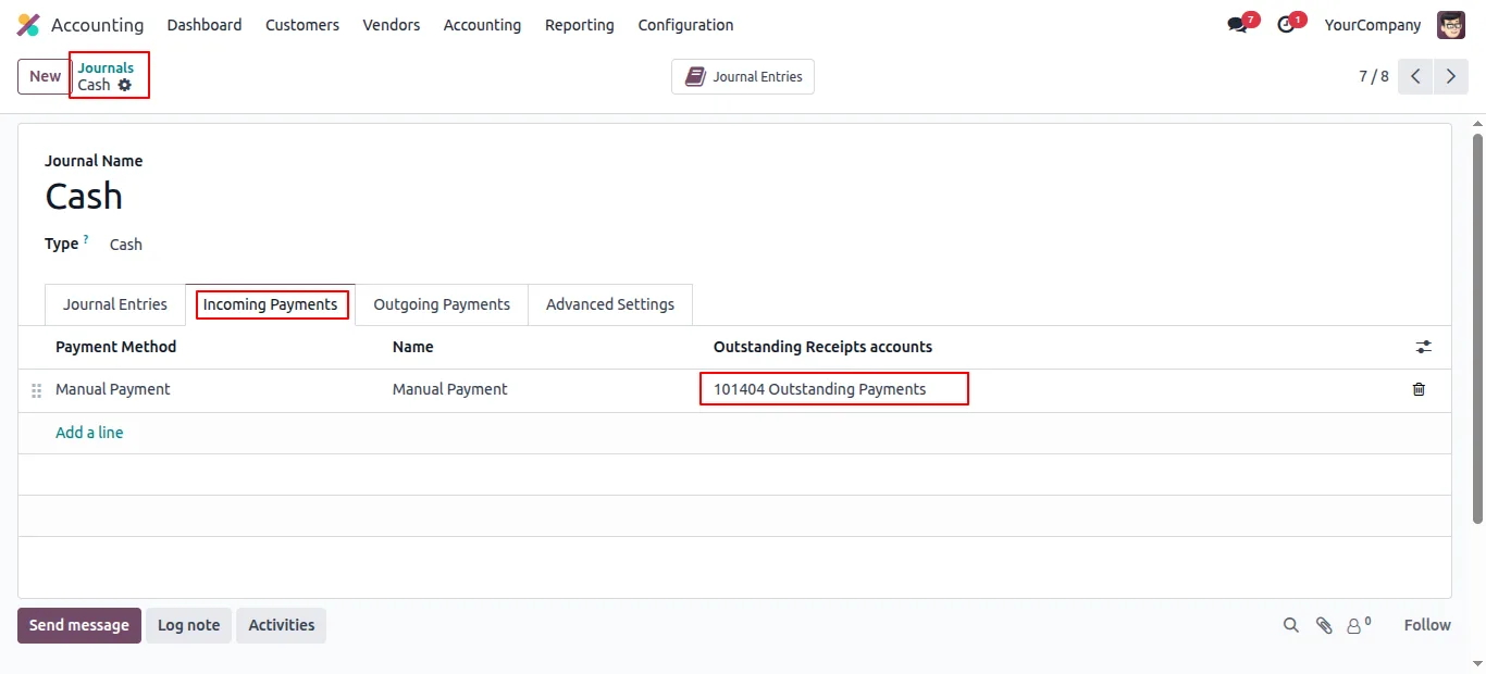 Configuring Outstanding Payments accounts on an Odoo journal