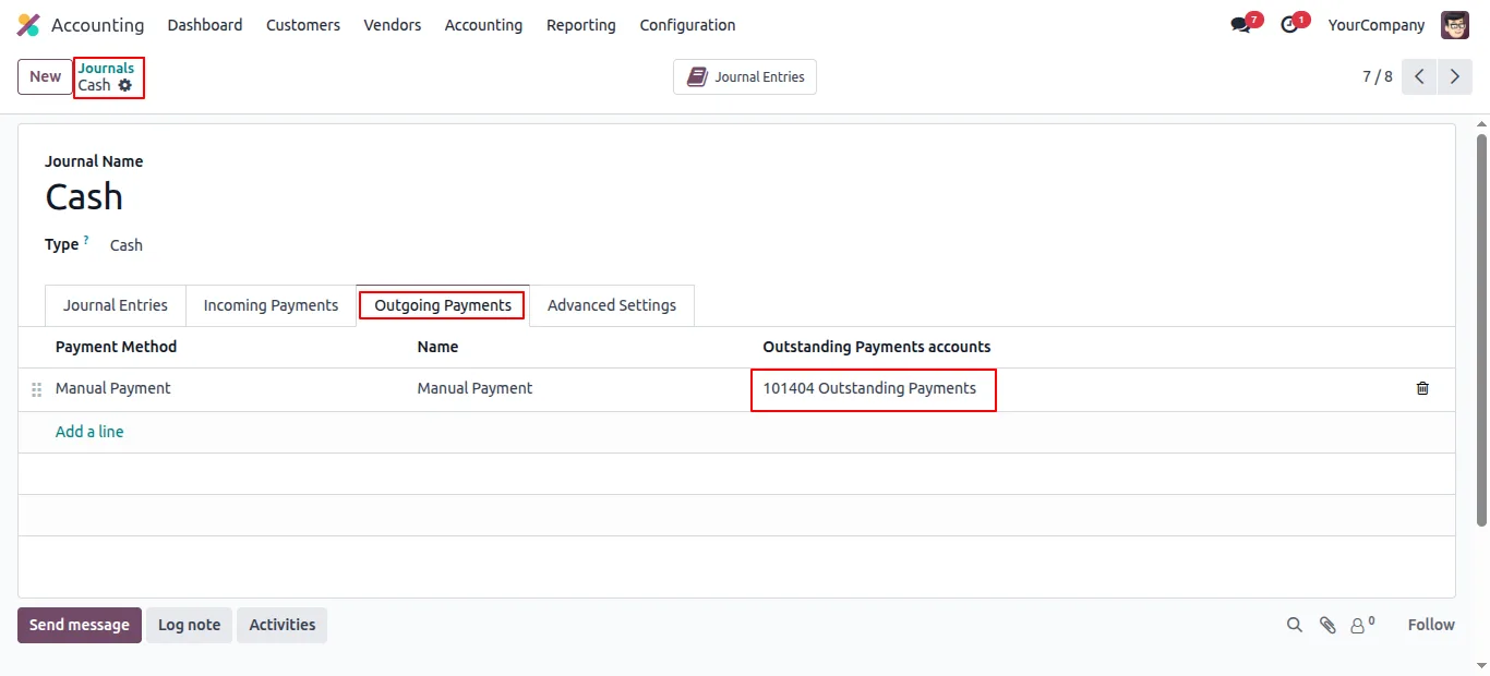 Selecting Internal Transfer payment type with source and destination journals in Odoo 19