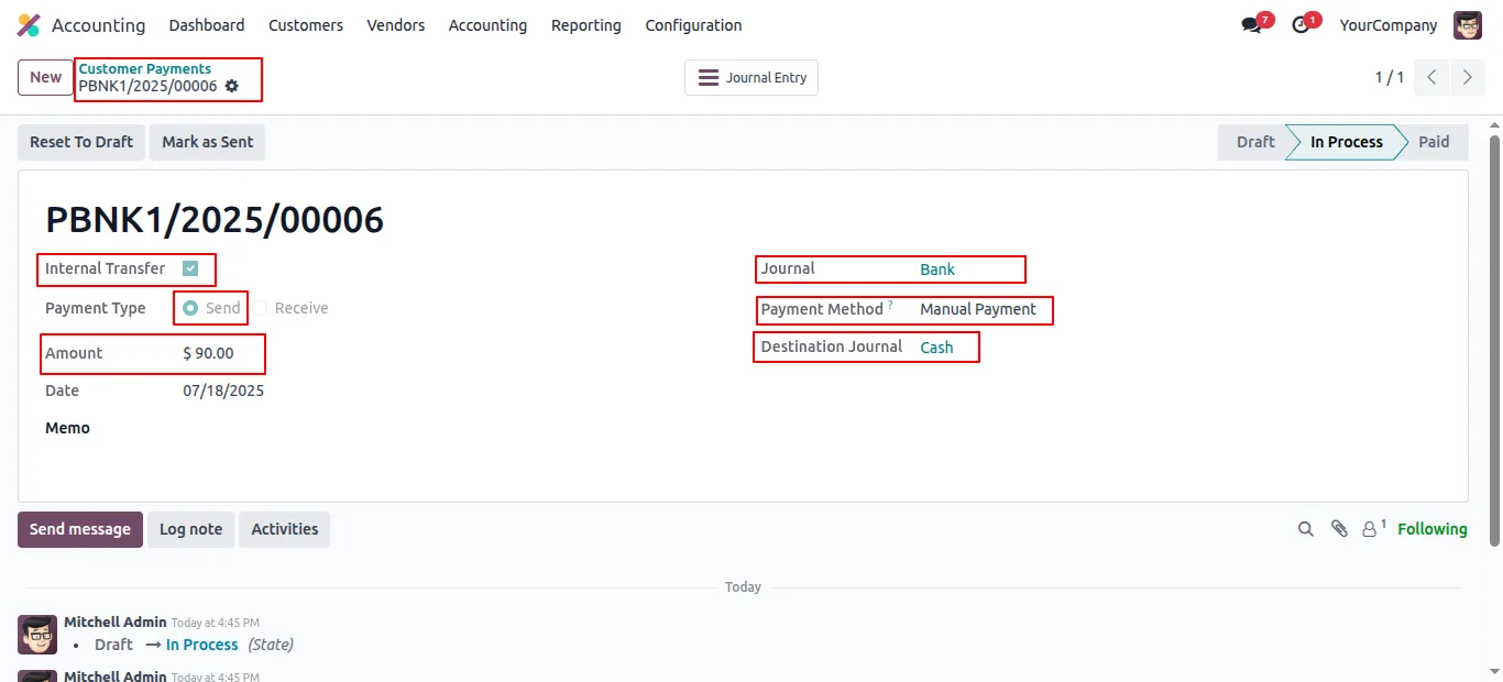 Bank-to-cash internal transfer recorded inside Odoo accounting
