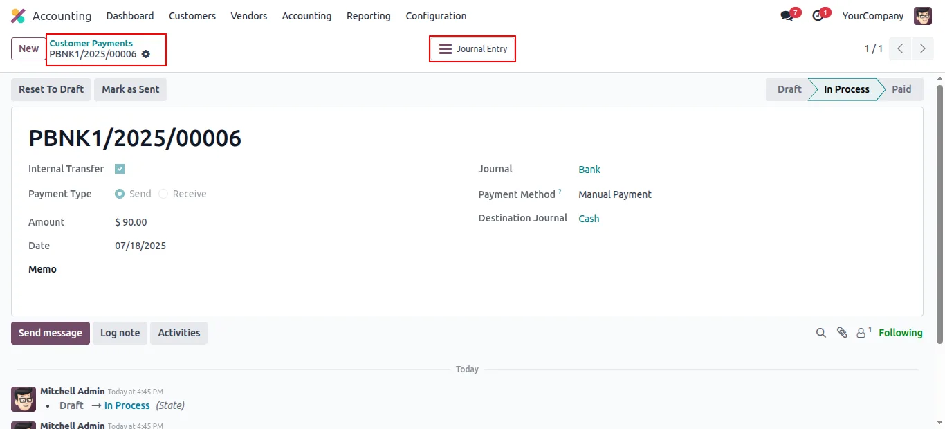 Source journal entry posted automatically for the internal transfer in Odoo