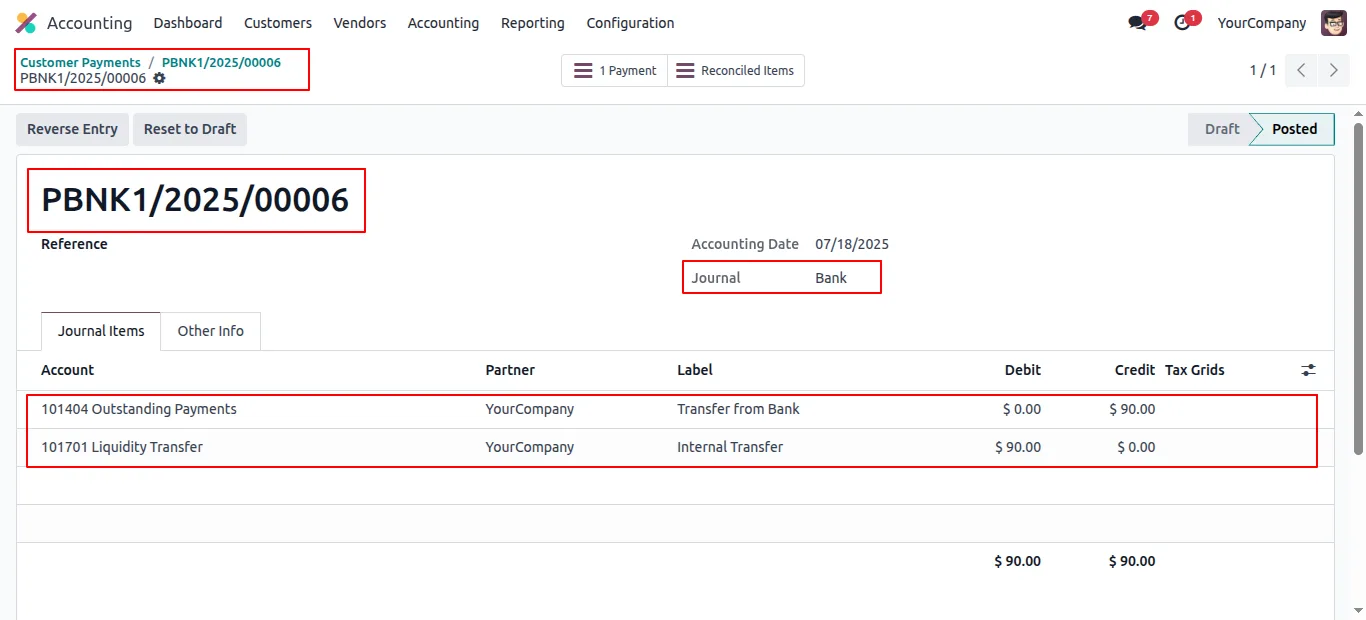 Journal entry lines showing both sides of the internal transfer in Odoo