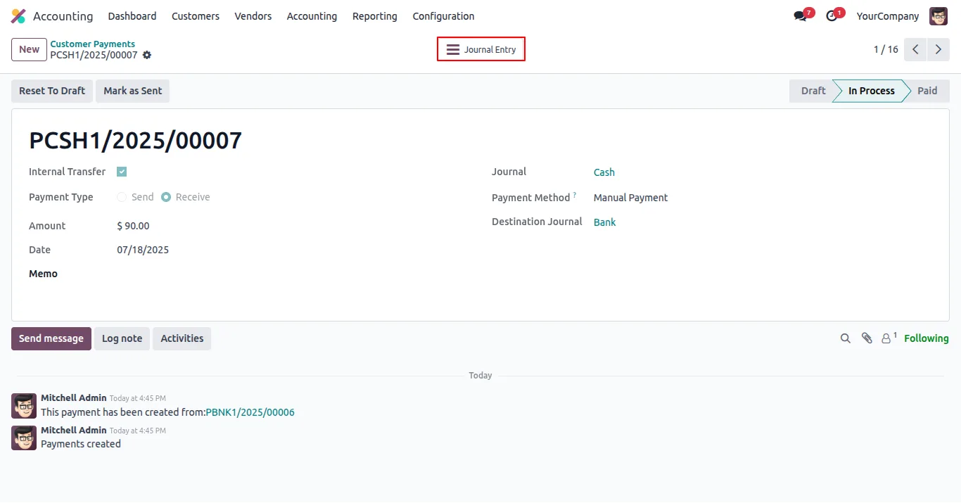 Receive journal entry generated by the internal transfer in Odoo