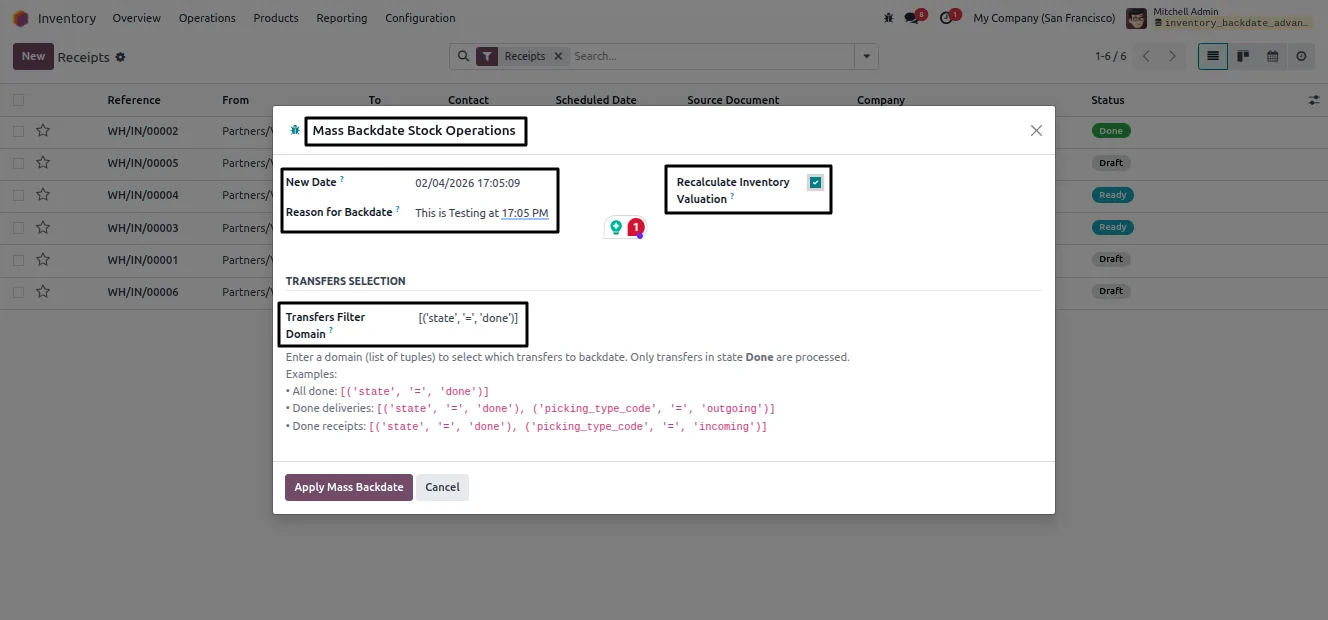 The Mass Backdate menu under Inventory Configuration in Odoo