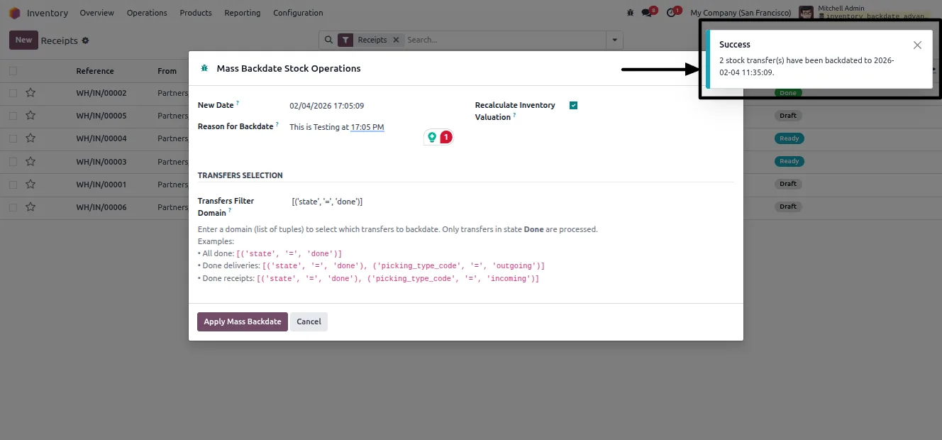 The mass-backdate wizard with new date and mandatory reason fields