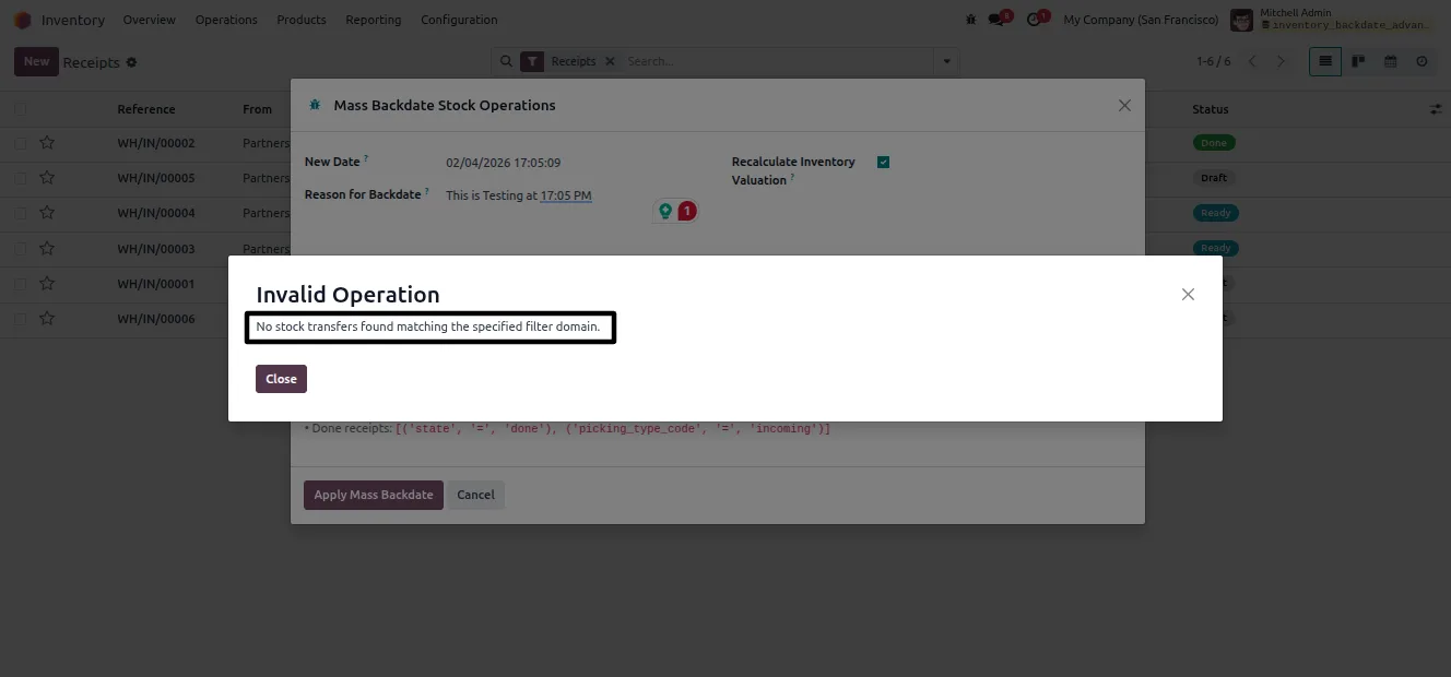 Selecting completed stock transfers with a domain filter for backdating