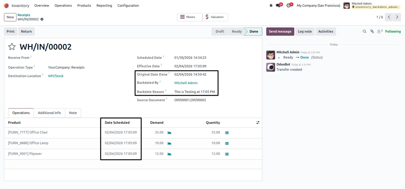 Confirmation showing how many stock transfers were backdated in Odoo