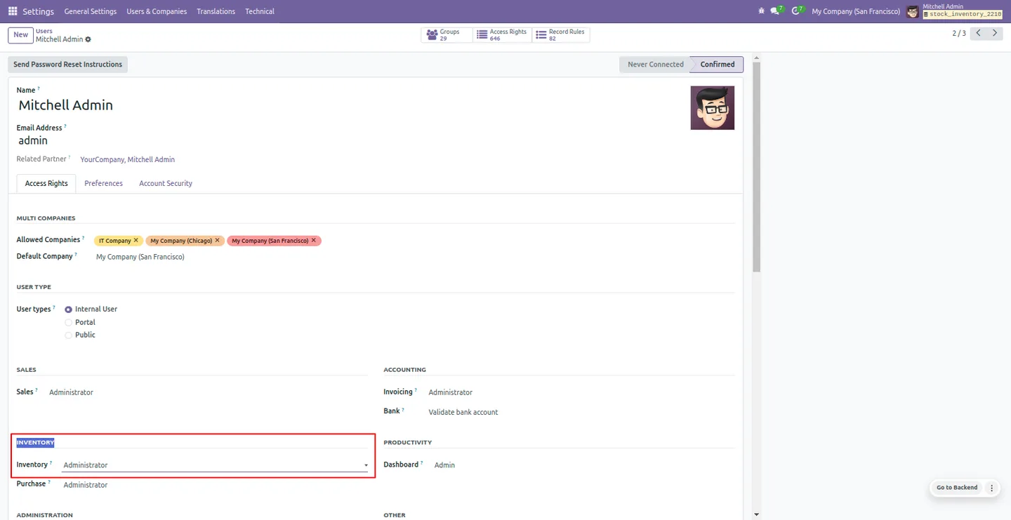 User rights configuration for the Odoo Inventory Count and Stock Audit module