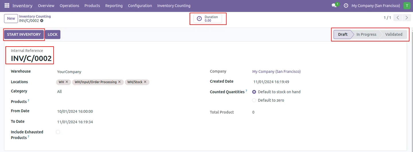 Creating a new inventory count record in Odoo