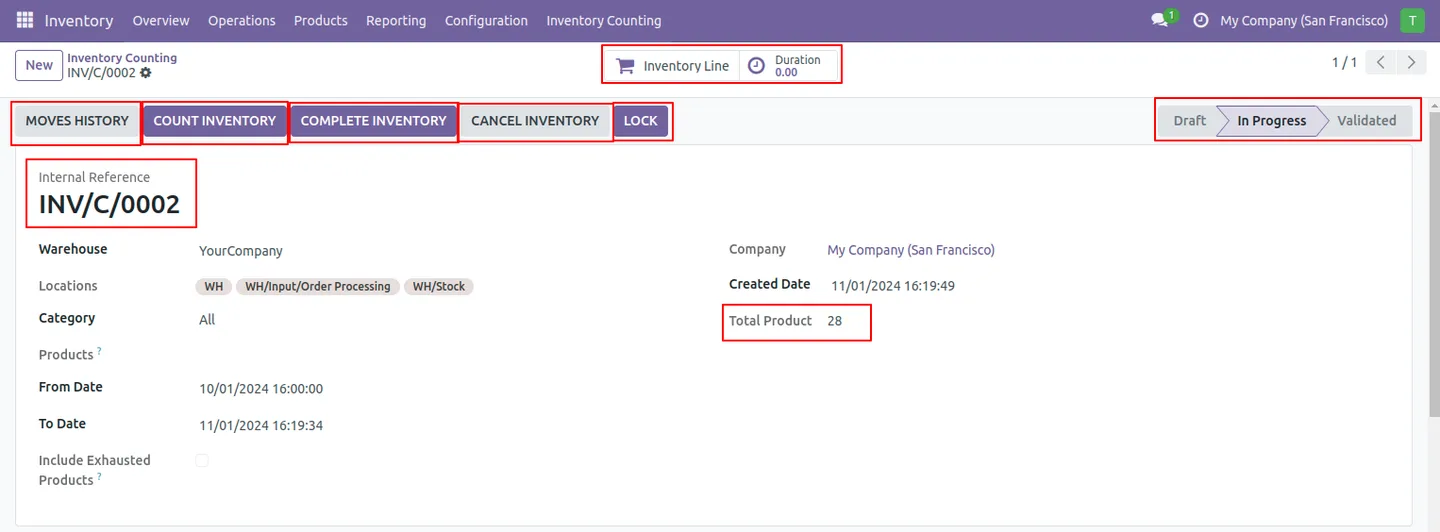 Starting an inventory count and assigning the responsible user in Odoo