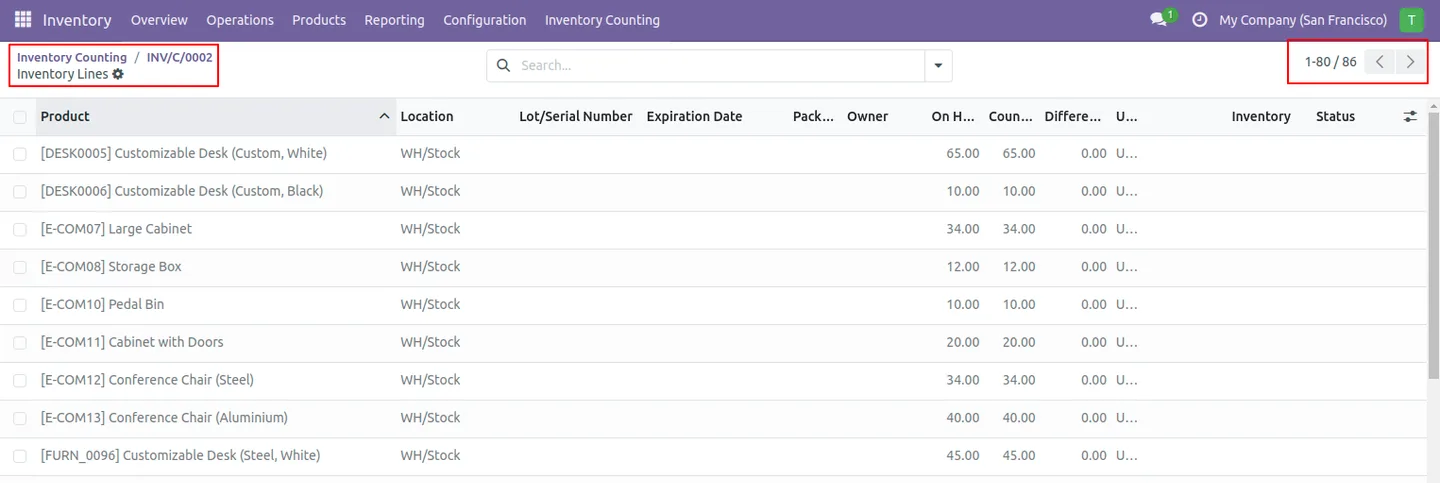 Entering counted quantities on inventory count lines in Odoo