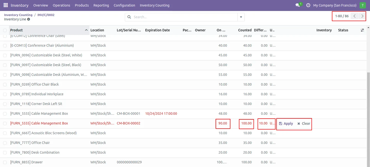 Inventory counting process and stock adjustment actions in Odoo
