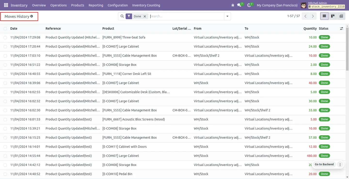 Reviewing the move history audit trail for an Odoo inventory count