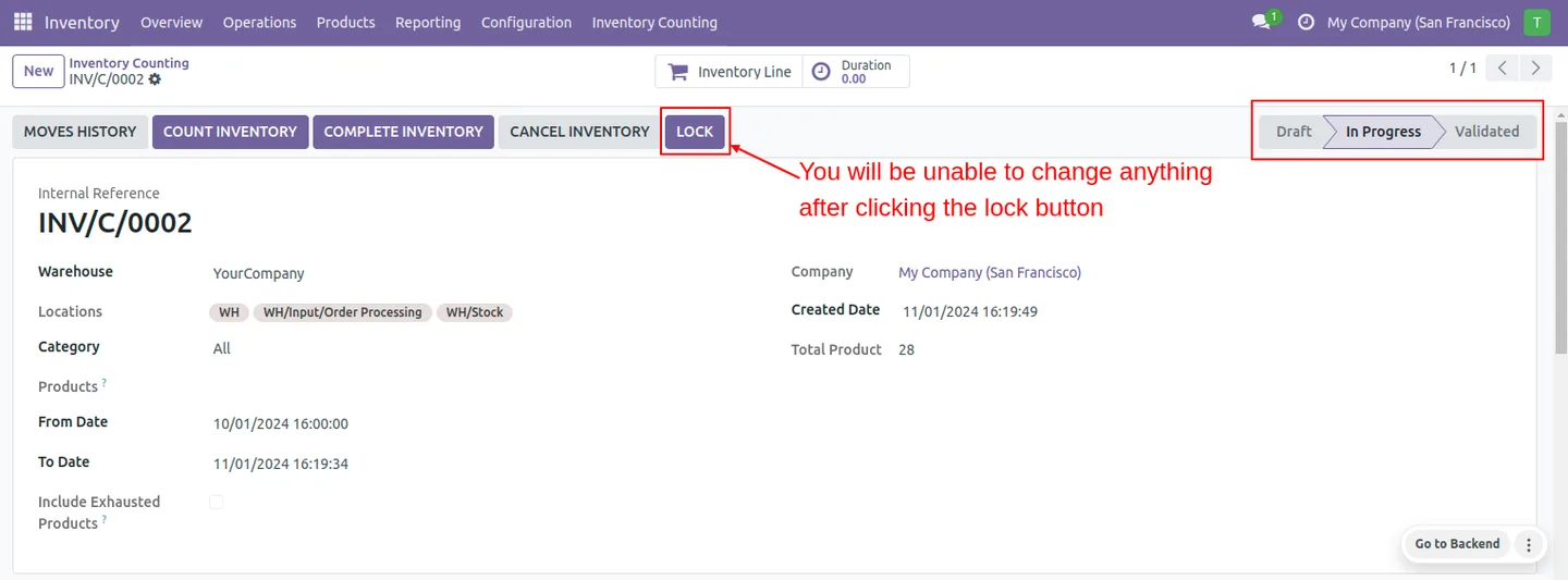Locking a completed inventory count against further edits in Odoo