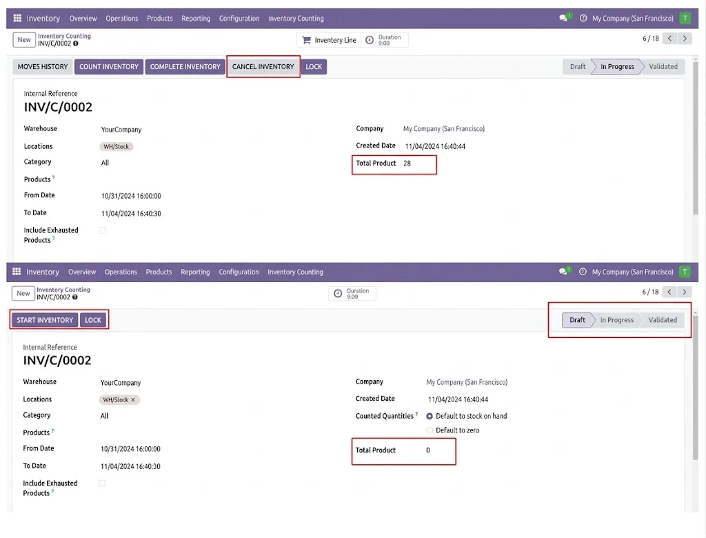 Cancelling an inventory count and resetting it to draft in Odoo