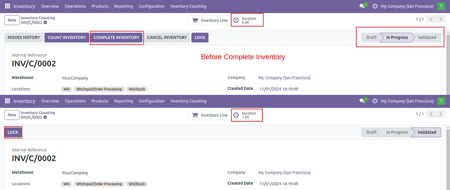 A completed inventory count showing total duration in Odoo