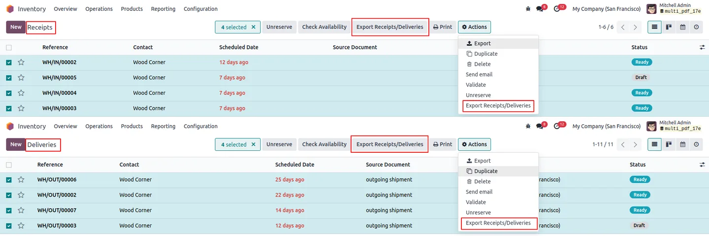 Odoo Inventory Receipts and Deliveries operations list view