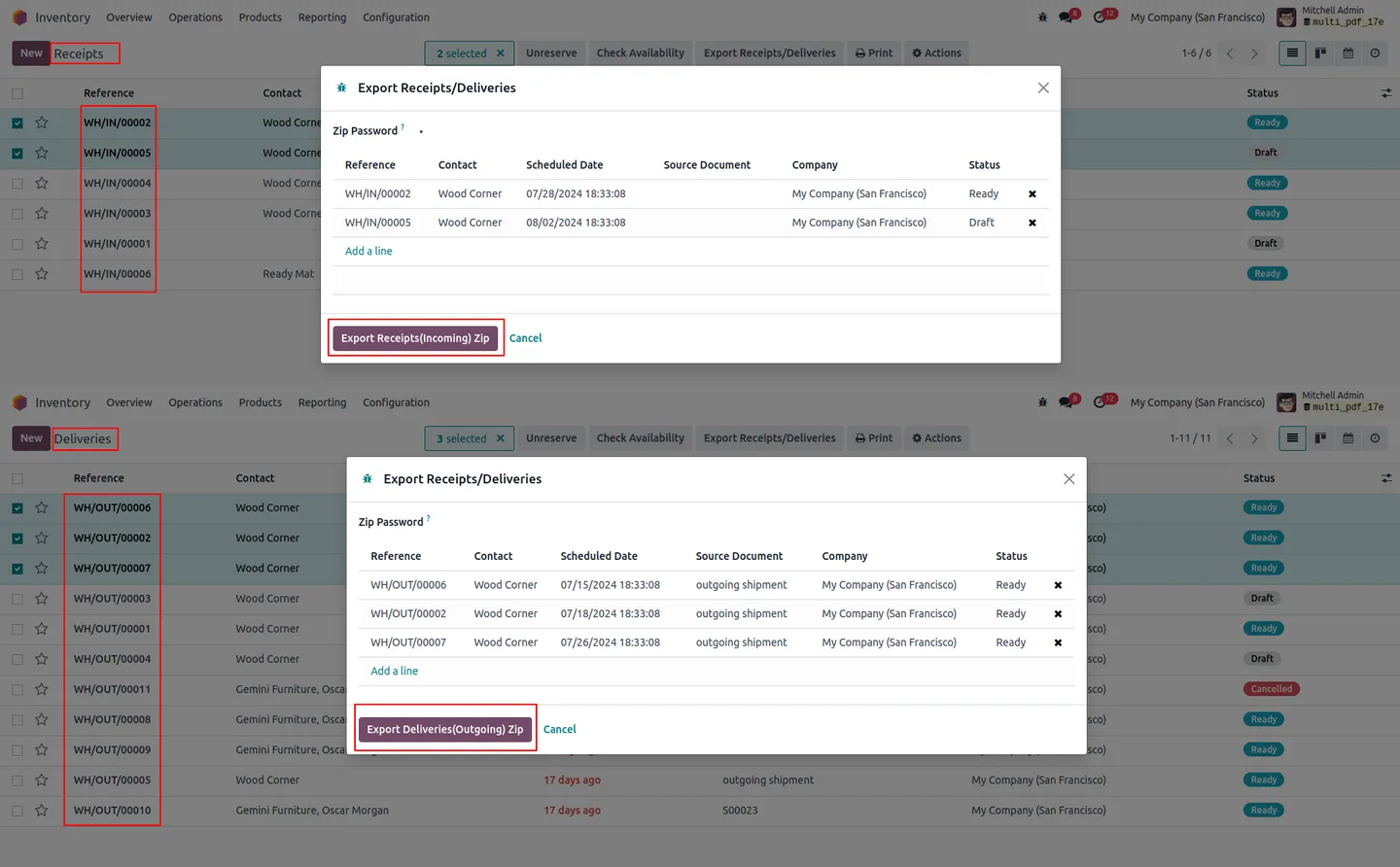 Selecting multiple receipts and deliveries for ZIP export in Odoo Inventory